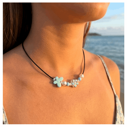 Handcrafted Flower-Butterfly Design Necklace with Acrylic White Pearl Beads, Black Cord, Lobster Claw with Extension Chain