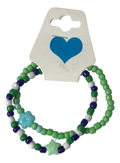 Handmade 2-Piece Colorful Beaded Bracelet Set Green White Blue with Star & Flower Accent Friendship Gift