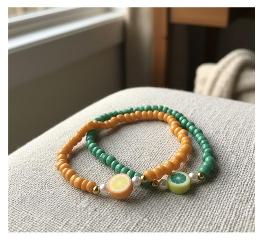 Handmade Orange and Teal Green Beaded Bracelets with Citrus Fruit Slice Charm. Teen Jewelry, Novelty Bracelet