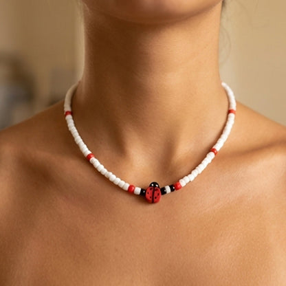 Ladybug Charm Beaded Necklace, White Seed Bead Choker Jewelry, Metal-Plated Clasp w/ Extension Chain