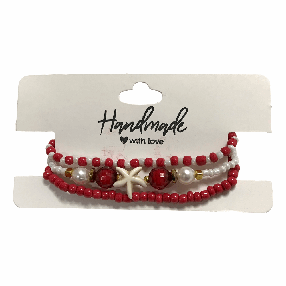 Handmade Red White Gold Beaded Bracelet Set, Starfish Charm, Boho Ocean Jewelry