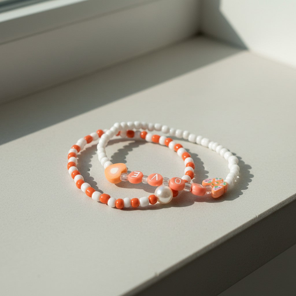 Orange & White Stretch Bracelet Sets, Handmade Heart Accent Stackable Jewelry, Personalized Friendship Duo Bracelets