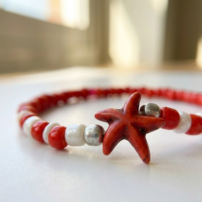 Coral Red Beaded Stretch Bracelet with Starfish Charm — Handmade Beachy Jewelry, Cute Stackable Coastal Summer Accessory Gift