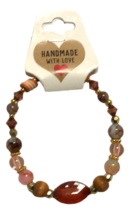 Handmade Beaded Bracelet with Warm Brown, Pink & Red Tones and Red Gemstone-Style Centerpiece – Earthy Autumn Jewelry