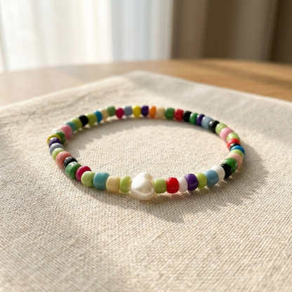 Rainbow Seed Bead Bracelet with Faux Pearl Heart Charm, Love, Joy & Friendship Meaningful Jewelry, Cute Stretch Gift for Her
