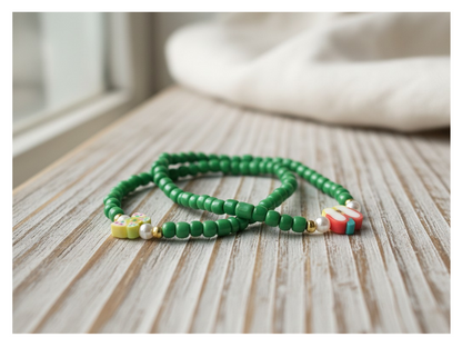 Handmade Vibrant Green Sliced-Apple and Butterfly-like Charm Beaded Bracelet, Teen Jewelry, Novelty Bracelet, Boho-chic