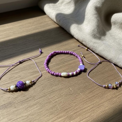 Purple Charm Bracelet Set, Flower Heart Crown Bracelet, Coquette Friendship Jewelry Gift for Her