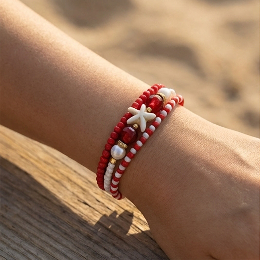 Handmade Red White Gold Beaded Bracelet Set, Starfish Charm, Boho Ocean Jewelry