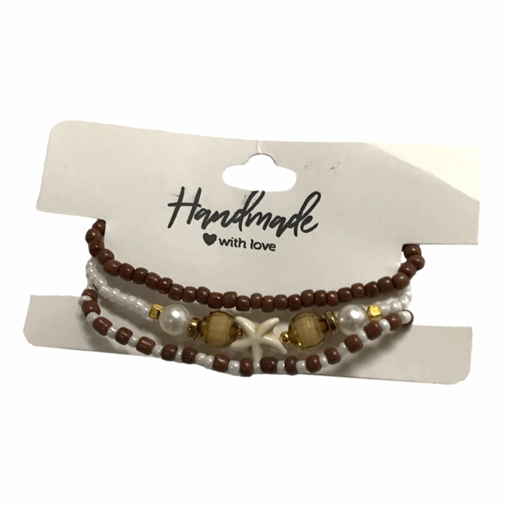 Handmade Brown White Gold Beaded Bracelet Set, Starfish Charm, Boho Ocean Jewelry