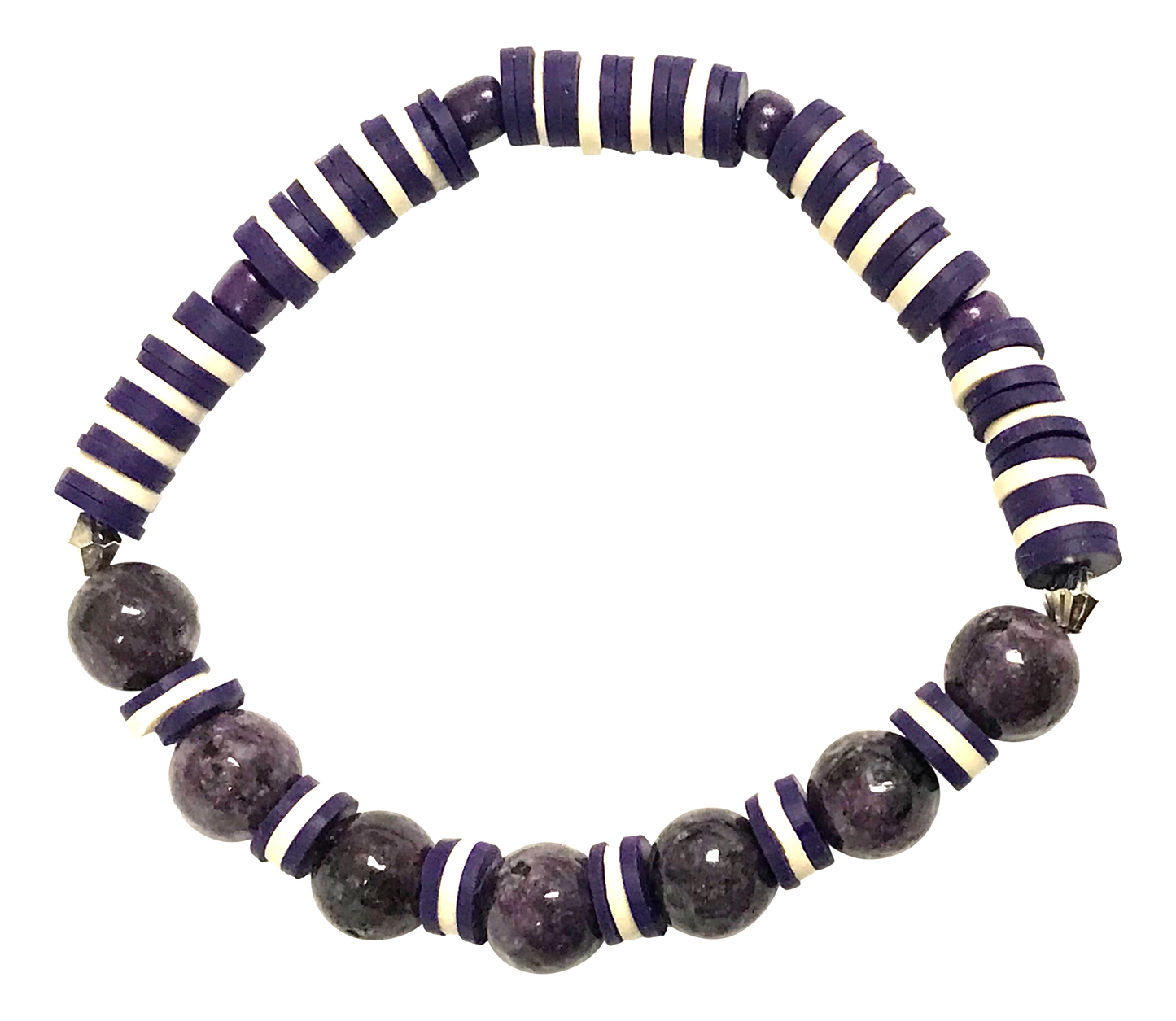 Handmade Heishi Bracelet – Amethyst-Style Violet Plum & White Shell Disc & Round Beads – Boho Style
