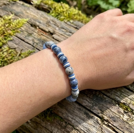 Handmade Bracelet – K2-Style & Azurite-Like Granite Beads with Blue & White Heishi Polymer Clay Spacers – Boho Style