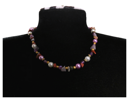 Handcrafted Rustic Mixed Bead Necklace with Natural Stones, Metal-Plated Clasp w/ Extension Chain