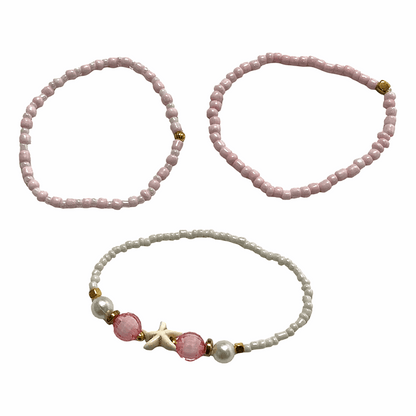 Handmade Pastel Pink White Gold Beaded Bracelet Set, Starfish Charm, Boho Ocean Jewelry