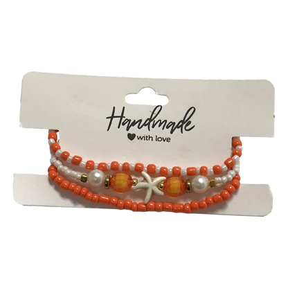 Handmade Orange White Beaded Bracelet Set, Starfish Charm, Boho Ocean Jewelry