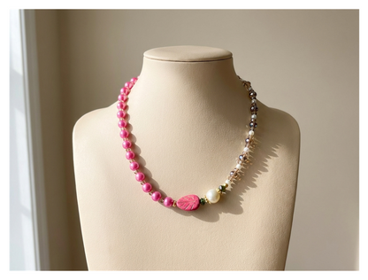Handcrafted Pink Pearl-like Necklace with Faceted Crystal-style Beads, Metal-Plated Clasp w/ Extension Chain