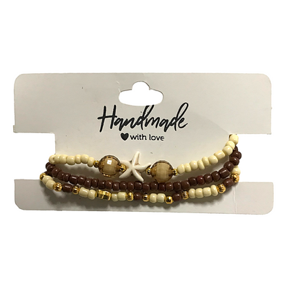 Handmade Cream Brown Beaded Bracelet Set, Starfish Charm, Coastal Jewelry