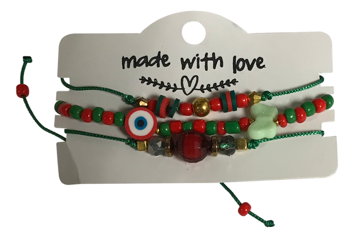 Evil Eye Butterfly Bracelet Set, Red Green Seed Bead Bracelet, Protection Jewelry, Adjustable Friendship Bracelet, Boho Gift for Her