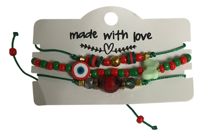 Evil Eye Butterfly Bracelet Set, Red Green Seed Bead Bracelet, Protection Jewelry, Adjustable Friendship Bracelet, Boho Gift for Her