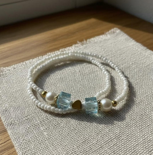 Handmade White Beaded Bracelet with Blue Cube Beads, Pearl Accents & Gold-Tone Spacers - Cute Friendship Jewelry Gift