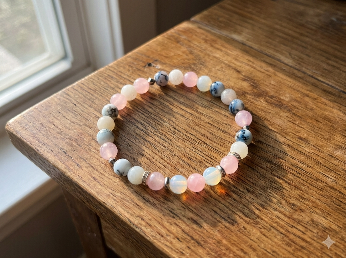 Beaded bracelet on a wooden surface with natural light