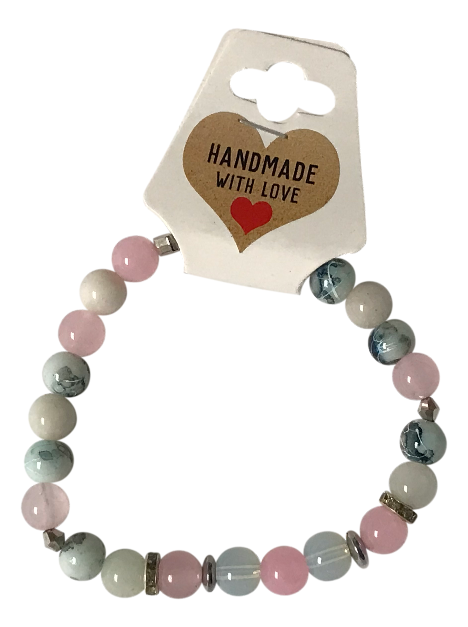 Multicolored beaded bracelet on a white background with a 'Handmade with Love' card.