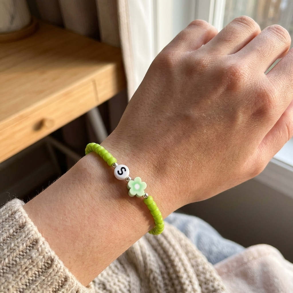 Green Initial Bracelet • Custom Flower Bead Bracelet • Personalized Gift for Her