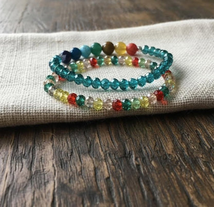 Handmade 2-Piece Multicolor Beaded Bracelet Set with Turquoise, Blue, Green, Red & Yellow Beads – Gift Jewelry, Boho Chic Style