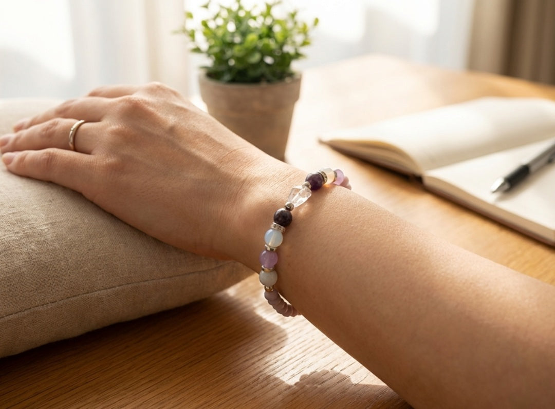 Handmade Amethyst & Opalite Healing Bracelet – Natural White Jade & Clear Quartz Beaded Jewelry for Peace, Balance, and Serenity