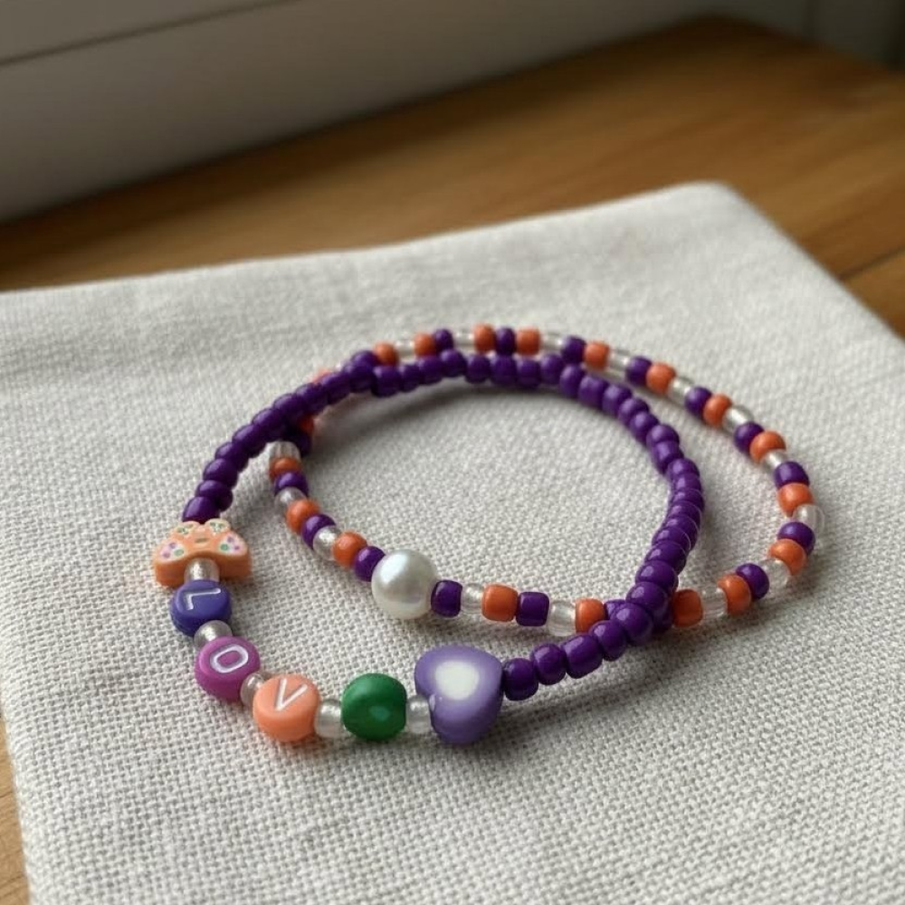 LOVE Beaded Bracelet Set with Butterfly Charm, Purple Orange Kawaii Heart Jewelry Cute Friendship Bracelet