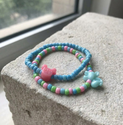 Handmade Beaded Bracelet Set (2 pcs) – Pink, Green & Blue Pastel Beads with Mickey Icon Head Accent, Fun Friendship Gift for Kids/Teens