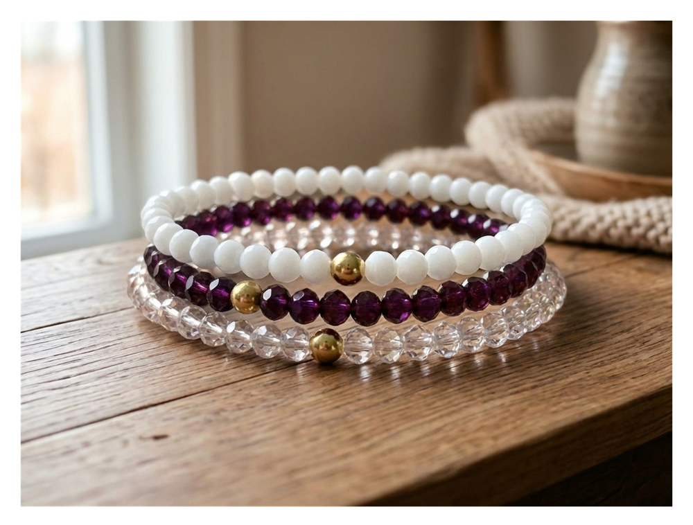Handmade with Love Plum and Crystal-style Beaded Bracelet Set