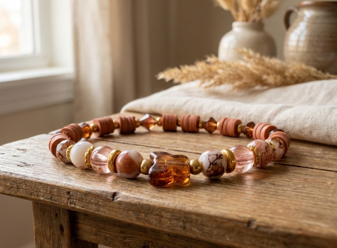 Handmade Beaded Stretch Bracelet with Warm Marbled Beads and Butterfly Centerpiece – Boho Gift Jewelry