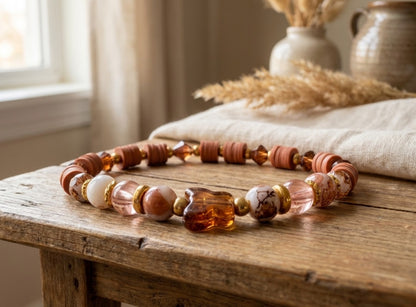 Handmade Beaded Stretch Bracelet with Warm Marbled Beads and Butterfly Centerpiece – Boho Gift Jewelry