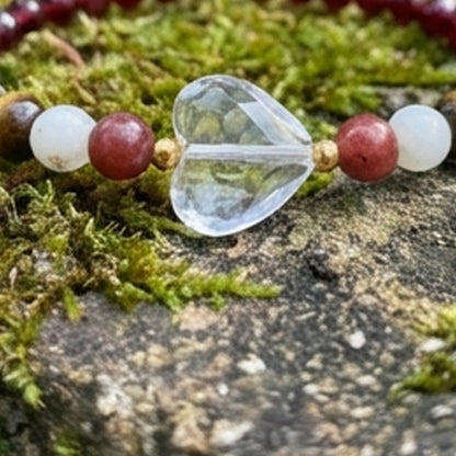 Handmade Garnet Beaded Bracelet with Clear Crystal Style Heart Charm – Tiger Eye & Jade Natural Gemstone, Healing Jewelry Gift