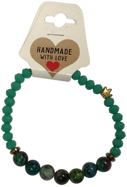 Ruby Zoisite and Green Agate Beaded Bracelet Natural Stone Gold Crown Charm Jewelry Earthy Handmade Boho Stacker