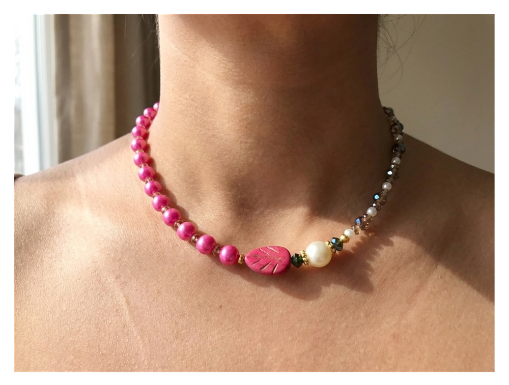 Handcrafted Pink Pearl-like Necklace with Faceted Crystal-style Beads, Metal-Plated Clasp w/ Extension Chain