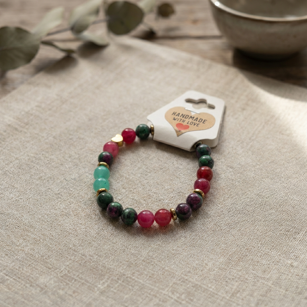 Multicolored beaded bracelet on a beige fabric surface with a 'Handmade with Love' tag.