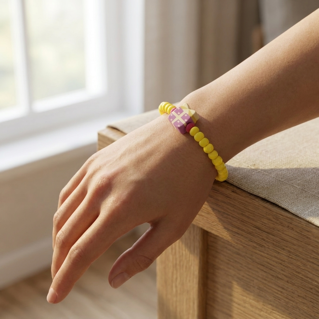 Handmade Yellow Beaded Bracelet, Pink Floral Accent, Playful Casual Jewelry