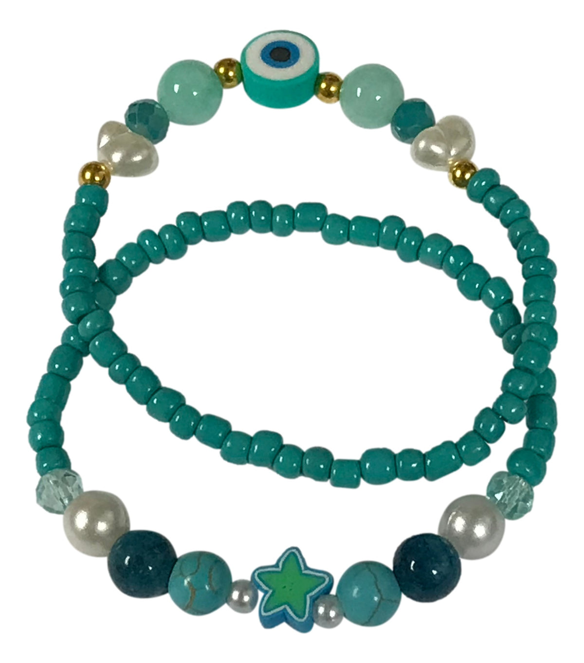 Handmade 2-Piece Turquoise Bracelet Set with White & Blue Beads, Evil Eye & Star Accents – Gift Jewelry, Boho Chic Style