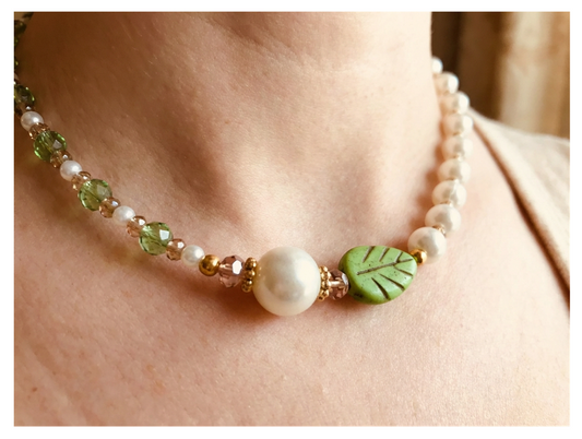 Handcrafted Spring Leaf Pearl-like Necklace with Faceted Crystal-style Beads, Metal-Plated Clasp w/ Extension Chain