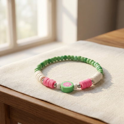 Watermelon Color Clay Bead Bracelet, Pink Green Flower Heishi Bead Jewelry, Preppy Summer Fruit Bracelet Stack