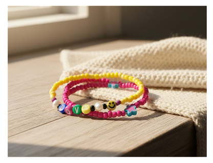 Handmade Hot Pink and Yellow Beaded Bracelet with Charms, Youth/Teen Jewelry, Novelty Bracelet, Boho-chic