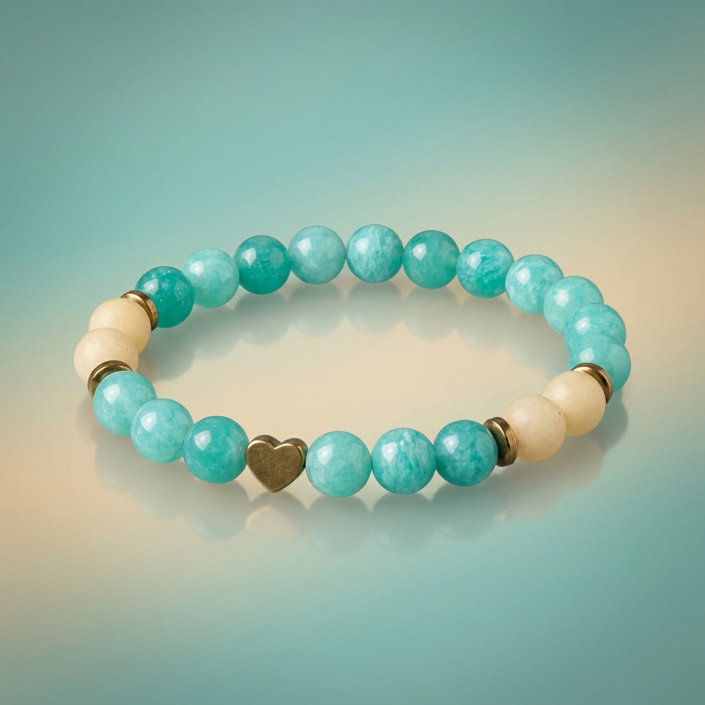 Teal Green Gemstone Beaded Bracelet, Gold Heart Charm, Boho Stackable Jewelry