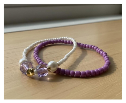 Handmade Purple and White Beaded Bracelets with Faux Pearls, Teen Jewelry