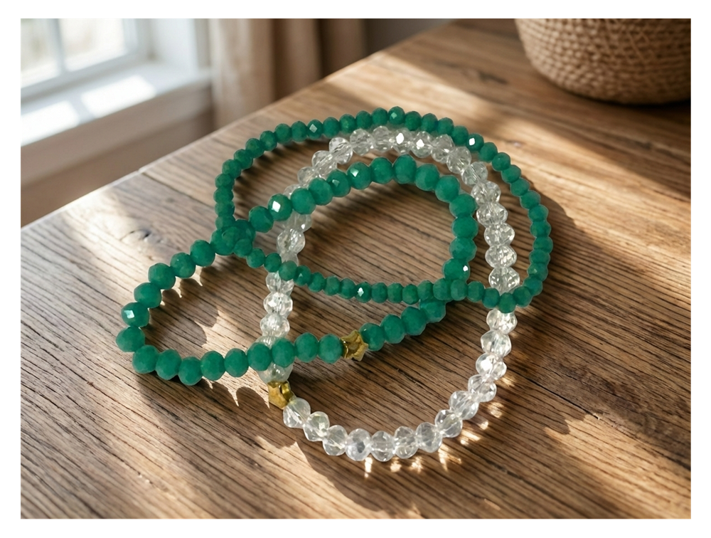 Handmade with Love Jade-Tone and Clear Crystal-style Beaded Bracelet Set