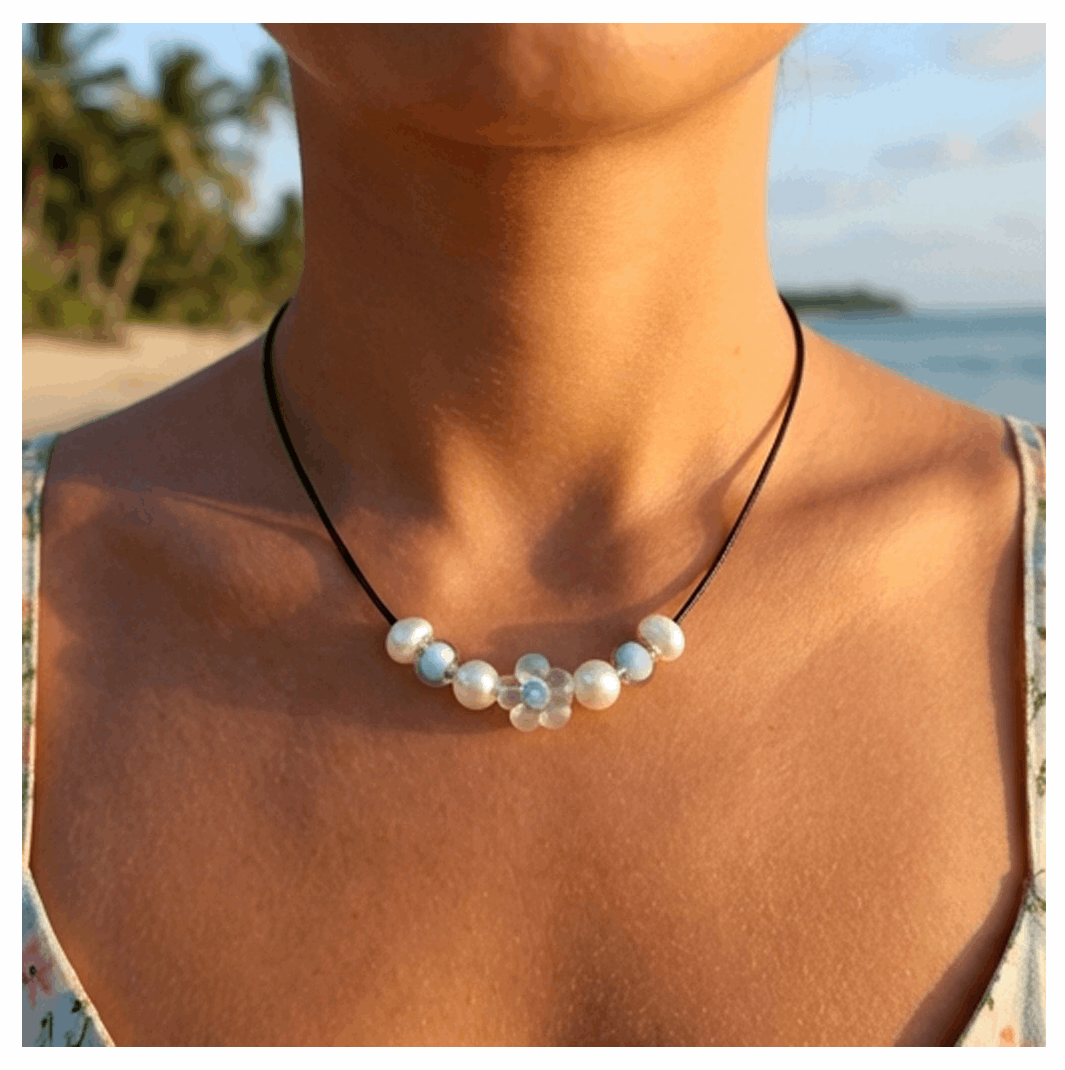 Minimalist Floral Design Necklace with Acrylic White Pearl Beads, Black Cord, Lobster Claw with Extension Chain