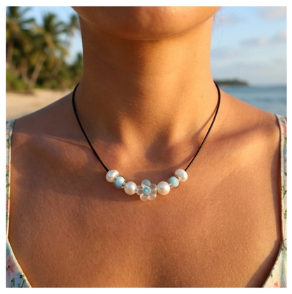 Minimalist Floral Design Necklace with Acrylic White Pearl-Like Beads, Black Cord, Lobster Claw with Extension Chain
