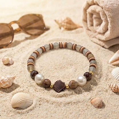 Handmade Wood and Pearl Beaded Bracelet Earth Tone Gemstone Seashell Charm Jewelry Coastal Boho Style