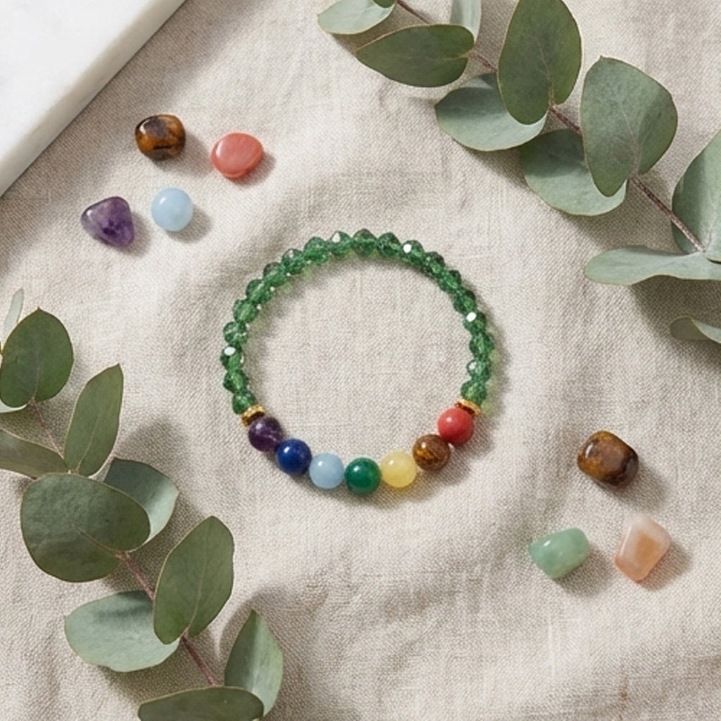 Green Crystal-Style and 7 Chakra Gemstone Bracelet Natural Stone Beaded Handmade Stacking Jewelry Boho Style