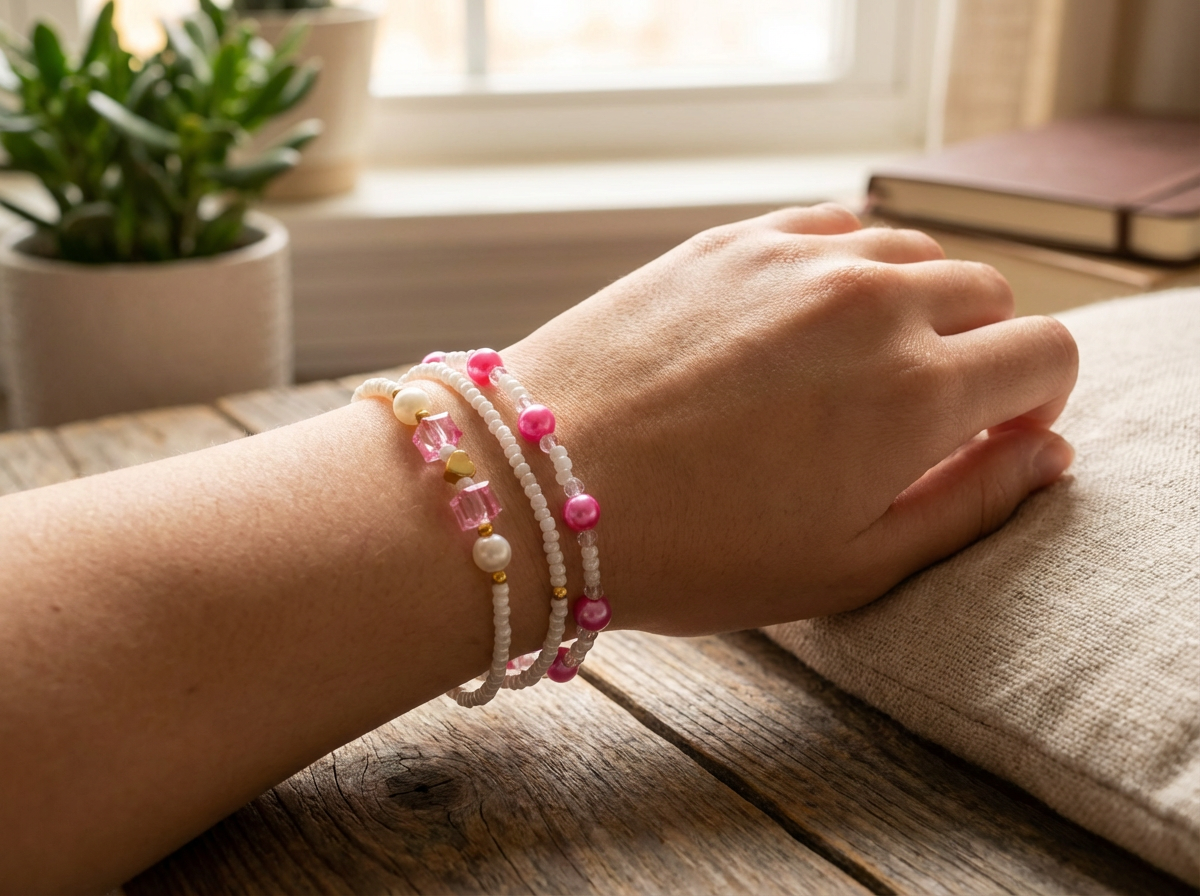 Hand wearing a bracelet with beads on a wooden surface, with a plant and book in the background.